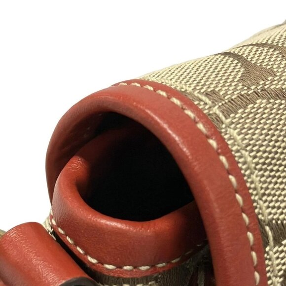 Auth COACH Signature Cricket Shoulder Bag 10566S Khaki Red Jacquard Leather - Picture 12 of 16